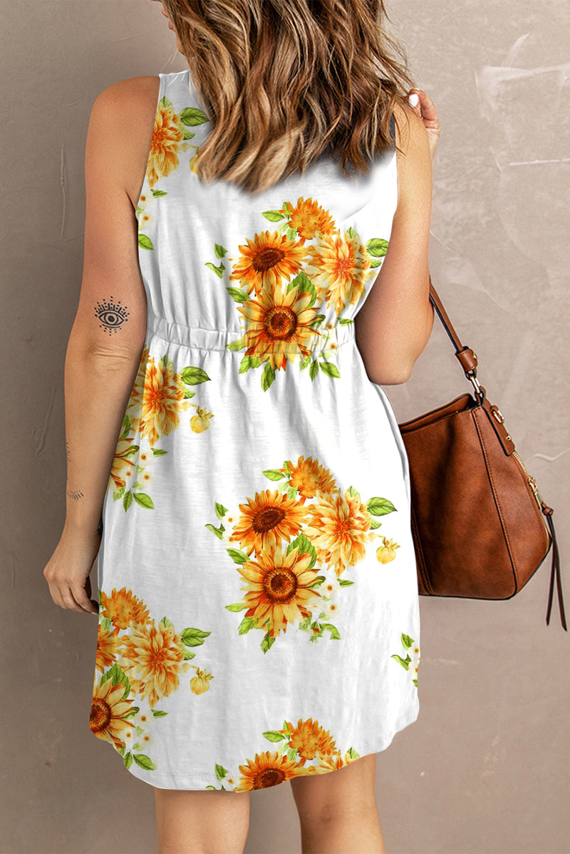 Sunflower Print Button Down Sleeveless Dress
