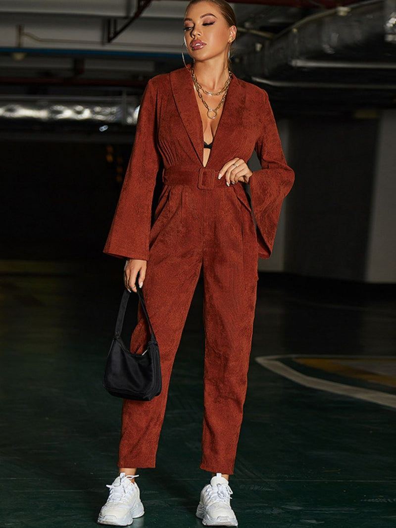 Belted Shawl Collar Slit Sleeve Jumpsuit - Bakers Shoes store