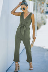 Belted V-Neck Sleeveless Jumpsuit with Pockets - Bakers Shoes store