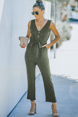 Belted V-Neck Sleeveless Jumpsuit with Pockets - Bakers Shoes store
