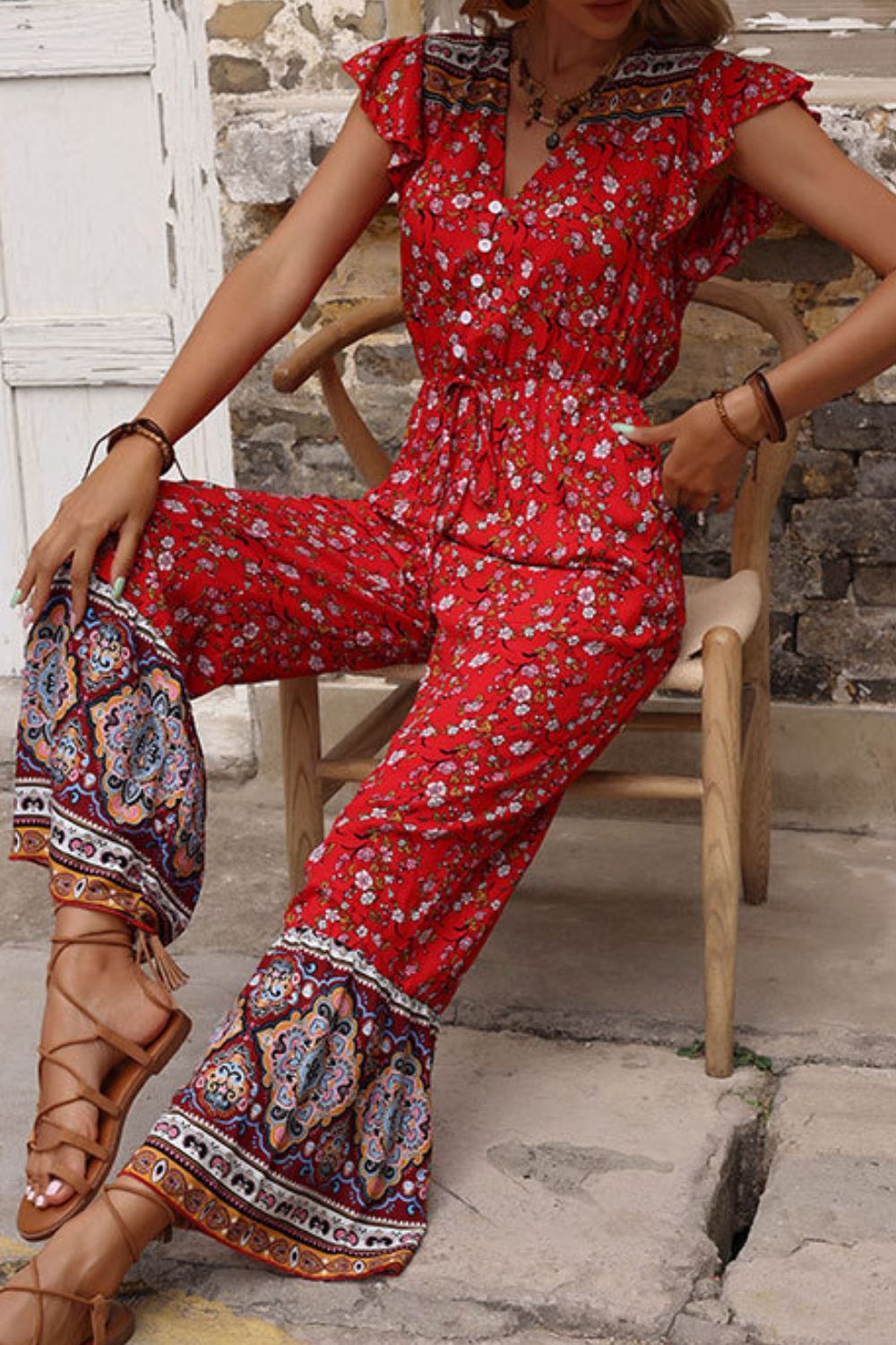 Bohemian Flutter Sleeve Tied Jumpsuit - Bakers Shoes store