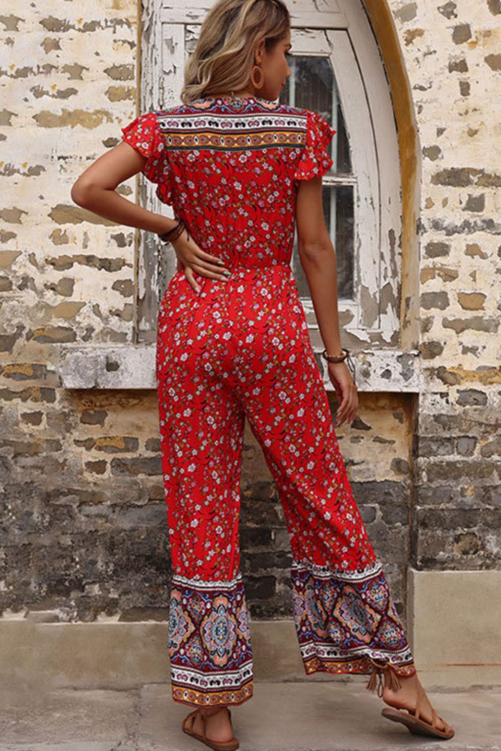 Bohemian Flutter Sleeve Tied Jumpsuit - Bakers Shoes store