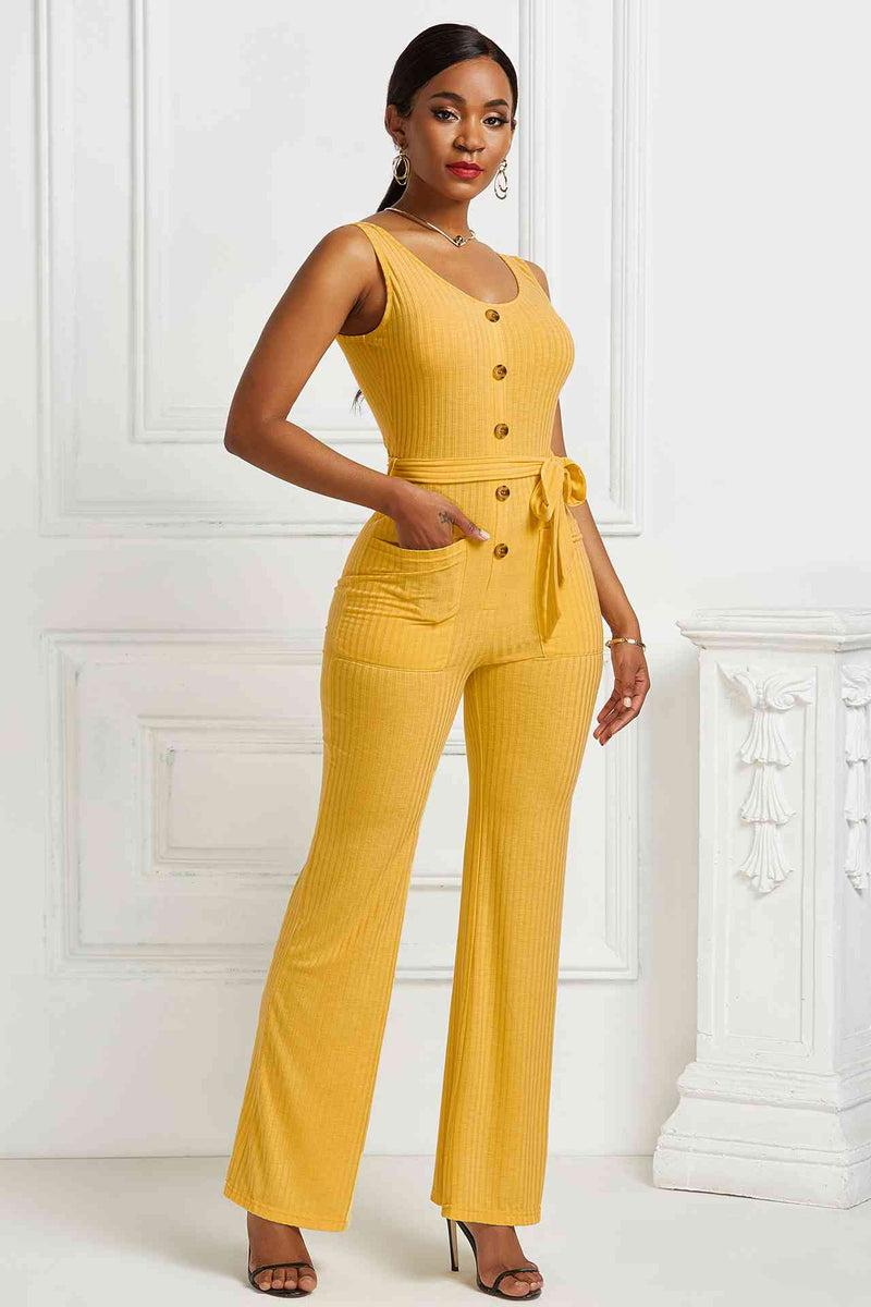 Button Detail Tie Waist Jumpsuit with Pockets - Bakers Shoes store