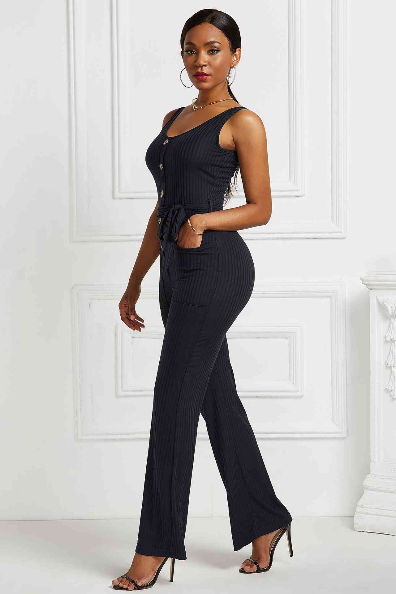 Button Detail Tie Waist Jumpsuit with Pockets - Bakers Shoes store