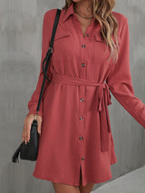 Button Down Belted Long Sleeve Shirt Dress - Bakers Shoes store
