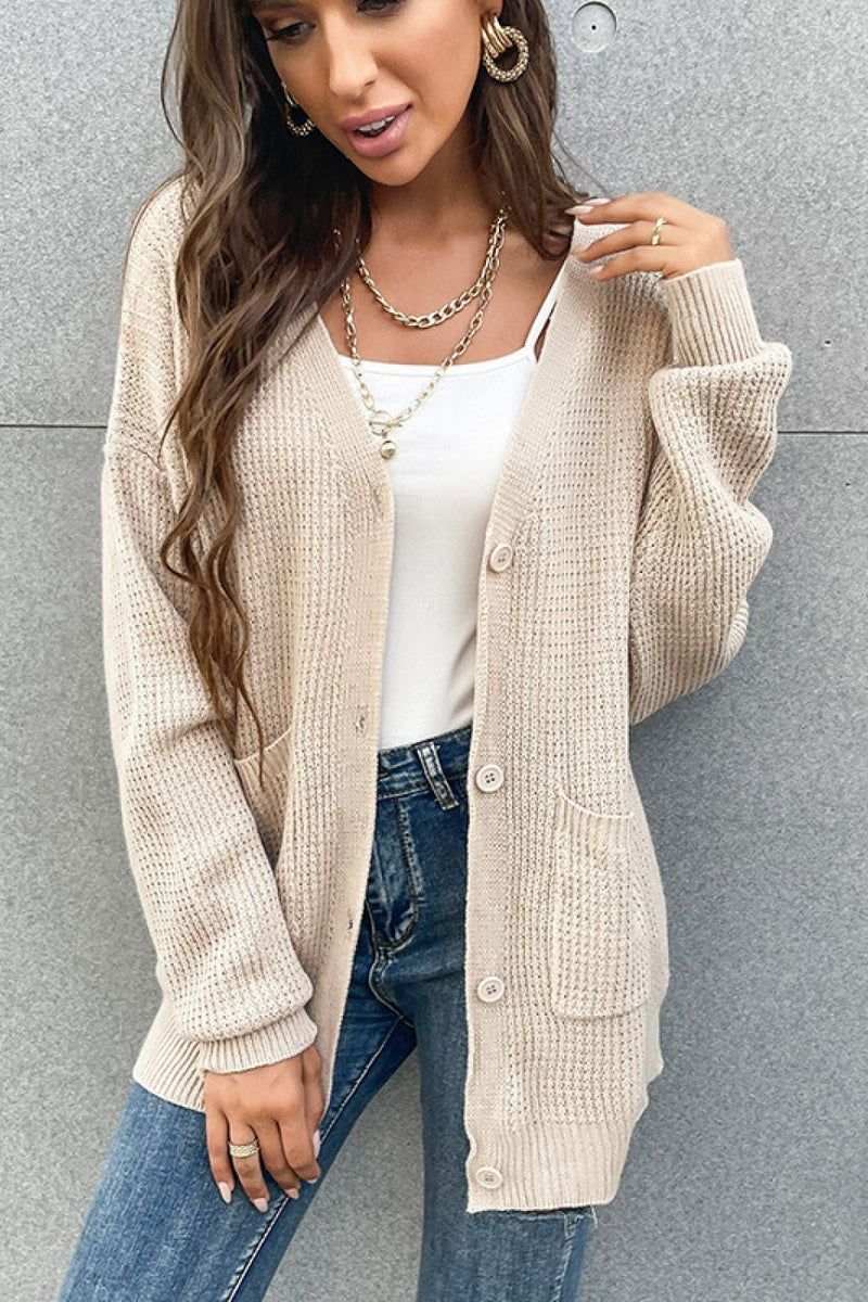 Button Front Drop Shoulder Waffle Cardigan - Bakers Shoes store