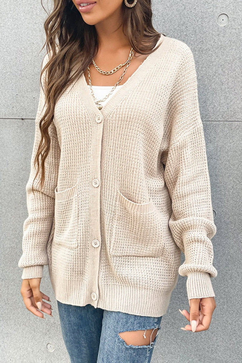 Button Front Drop Shoulder Waffle Cardigan - Bakers Shoes store