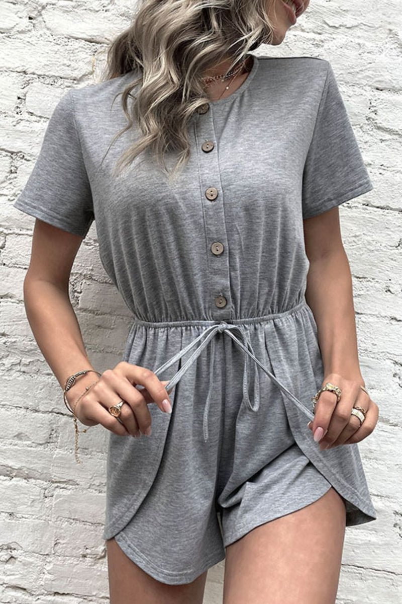 Buttoned Drawstring Round Neck Romper - Bakers Shoes store