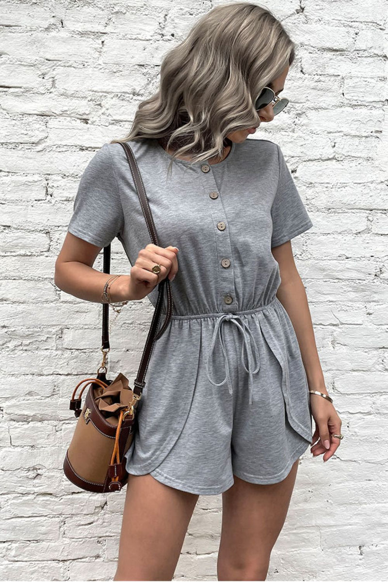 Buttoned Drawstring Round Neck Romper - Bakers Shoes store