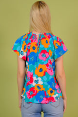 Floral Round Neck Tied Blouse