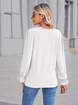 Eyelet V-Neck Flounce Sleeve Blouse