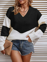 Two-Tone Ribbed Trim V-Neck Sweater