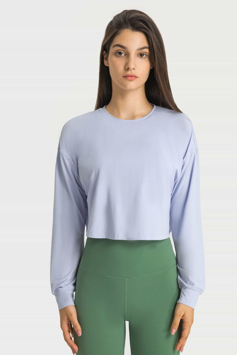 Dropped Shoulder Round Neck Cropped Sports Top