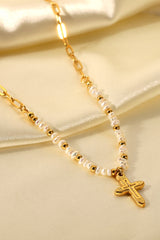 18K Stainless Steel Pearl Cross Pendant Necklace