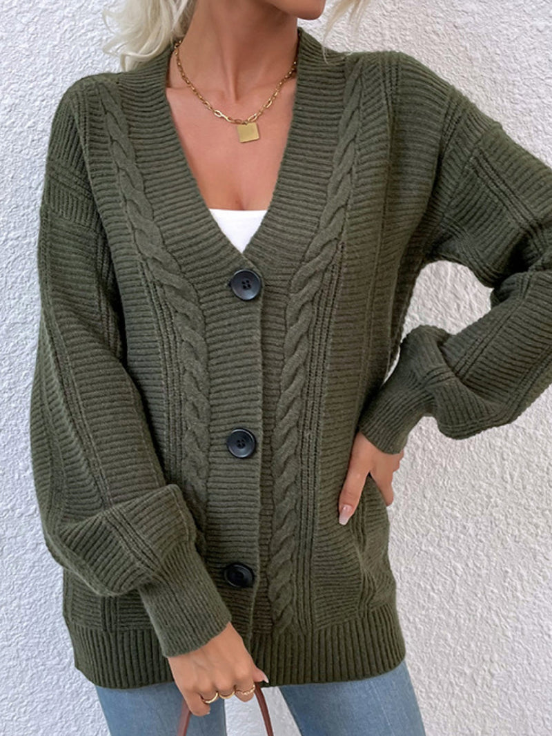 Cable-Knit Button Down Ribbed Trim Cardigan - Bakers Shoes store