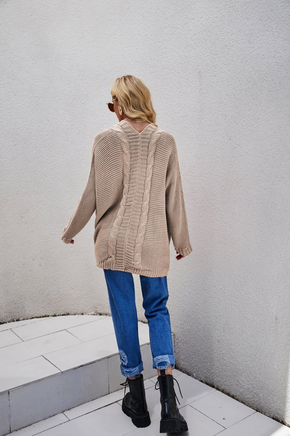 Cable-Knit Curved Hem Open Front Cardigan - Bakers Shoes store