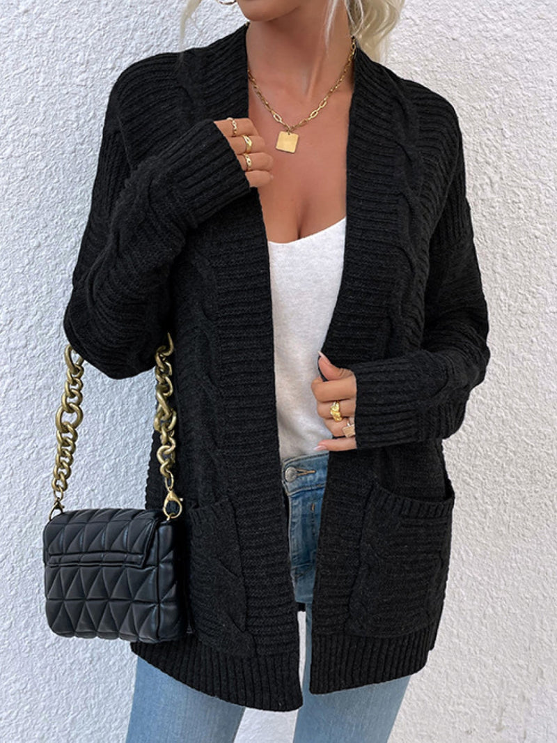 Cable-Knit Open Front Cardigan with Pockets - Bakers Shoes store