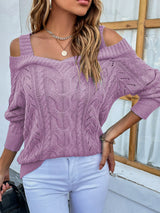 Cable-Knit Ribbed Trim Cold-Shoulder Sweater - Bakers Shoes store