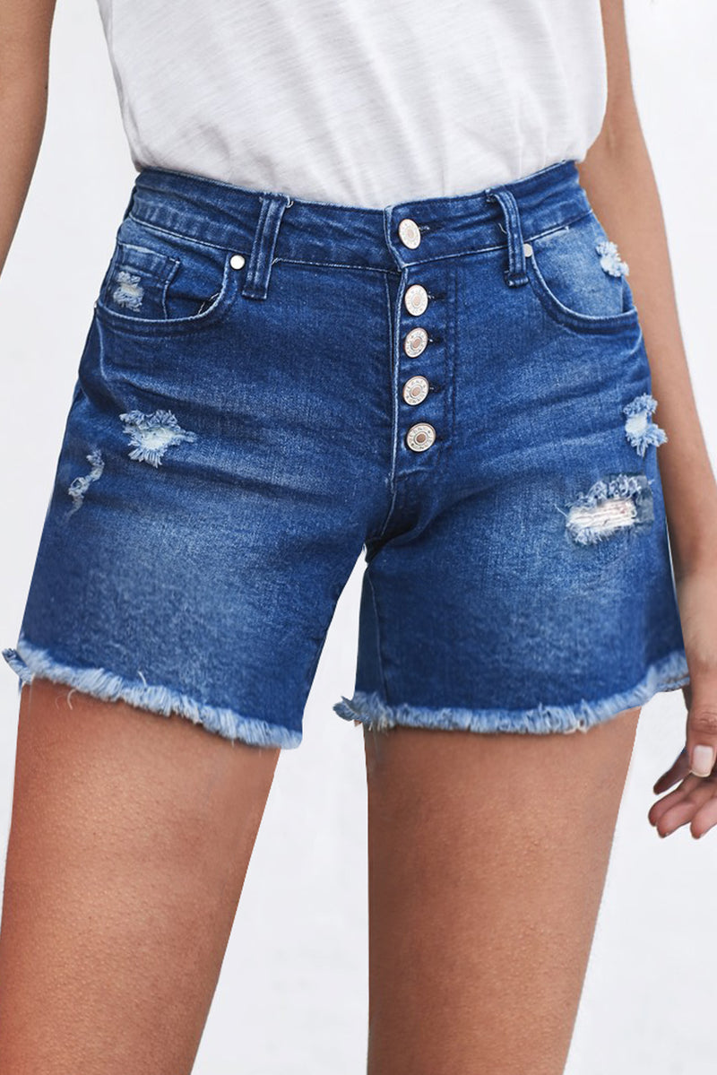 Buttoned and Frayed Denim Shorts