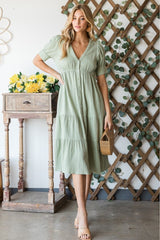 HEYSON Full Size Lilac Breeze Gauze Button Front Midi Dress in Sage