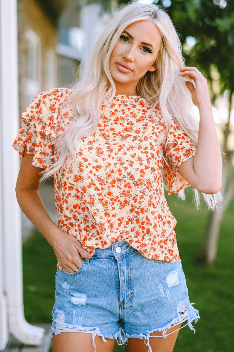 Floral Round Neck Flutter Sleeve Blouse