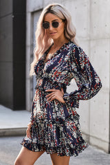 Floral Frill Trim Plunge Flounce Sleeve Dress