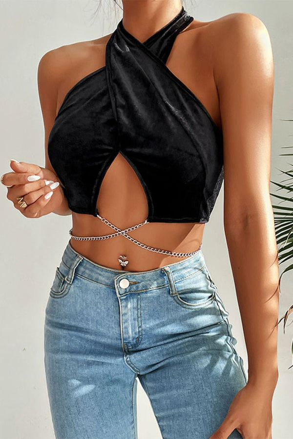 Chain Detail Halter Neck Velvet Cropped Top - Bakers Shoes store