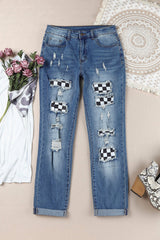 Checkered Patchwork Mid Waist Distressed Jeans - Bakers Shoes store