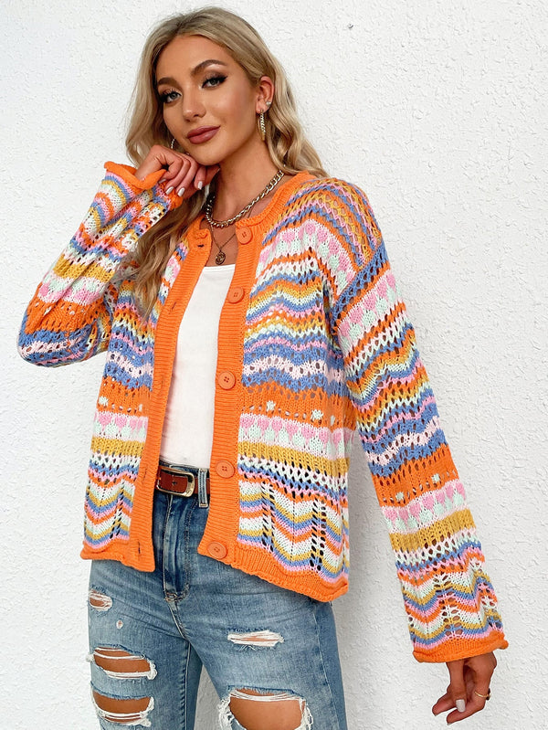 Chevron Stripes Openwork Cardigan - Bakers Shoes store