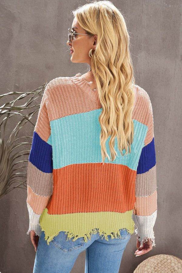Color Block Distressed V-Neck Ribbed Sweater - Bakers Shoes store