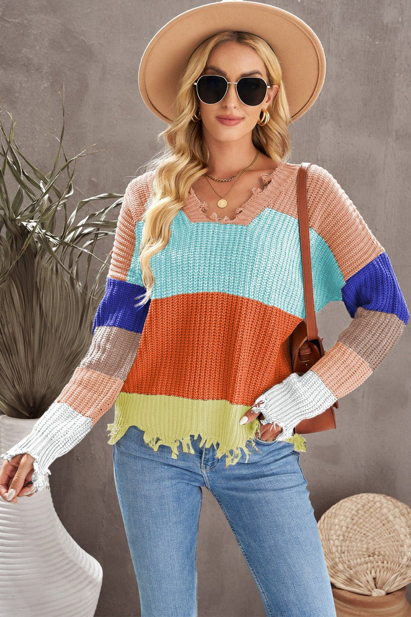 Color Block Distressed V-Neck Ribbed Sweater - Bakers Shoes store