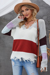 Color Block Distressed V-Neck Ribbed Sweater - Bakers Shoes store