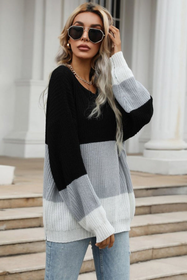 Color Block Long Sleeve Chunky Knit Sweater - Bakers Shoes store