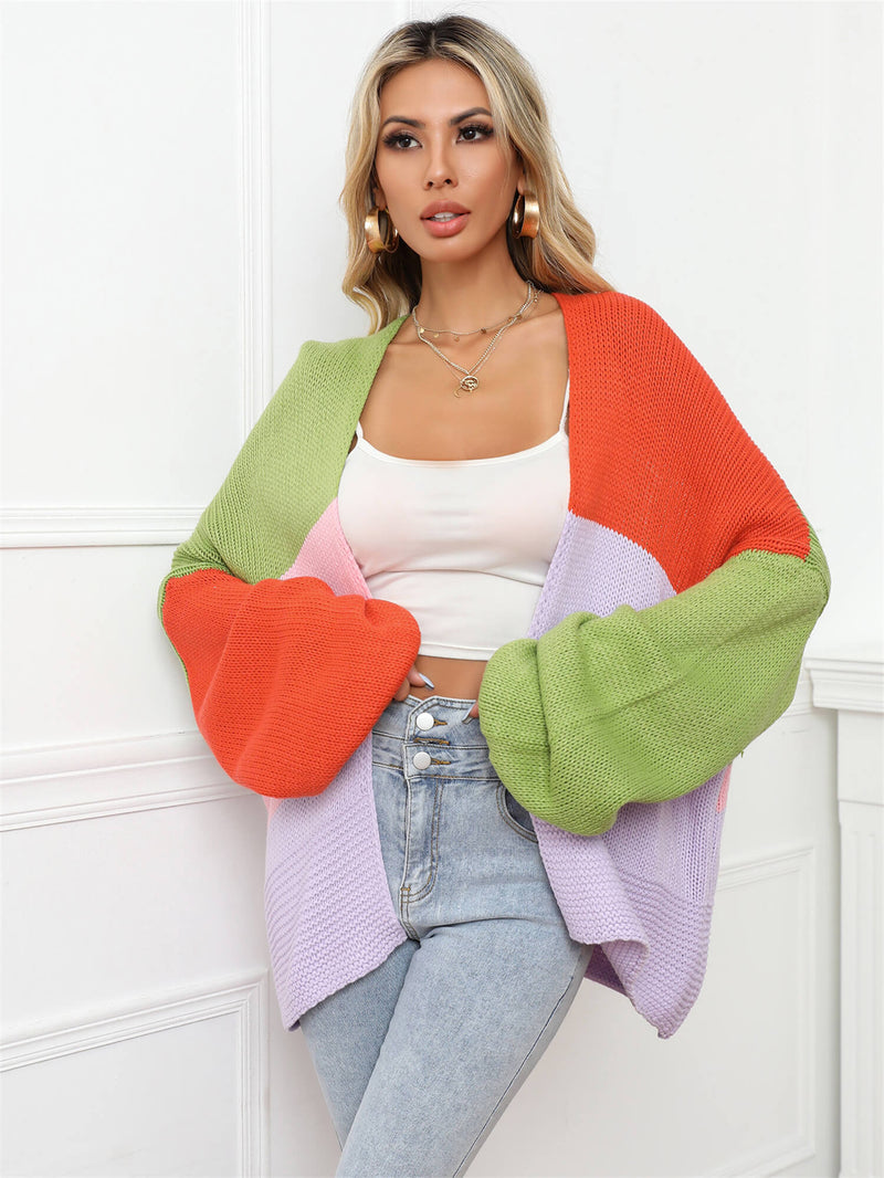 Color Block Open Front Balloon Sleeve Longline Cardigan - Bakers Shoes store