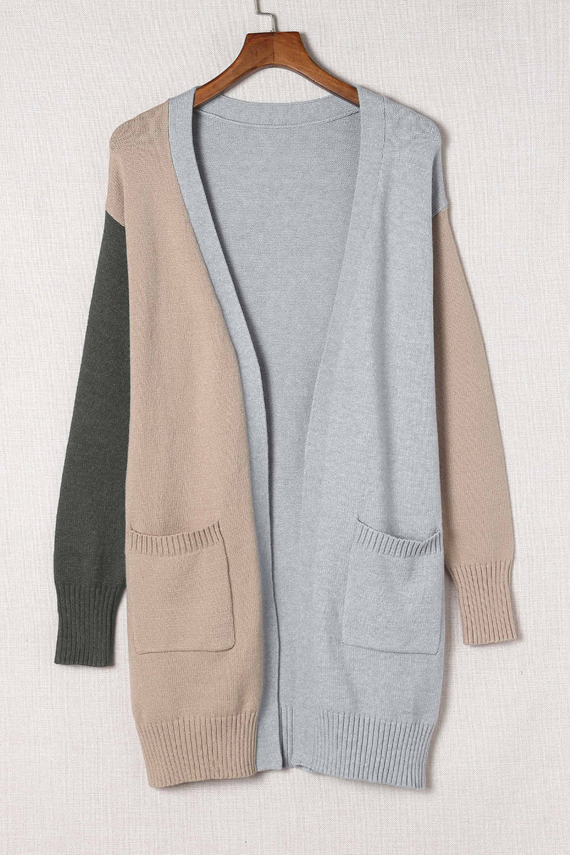Color Block Open Front Ribbed Trim Cardigan with Pockets - Bakers Shoes store
