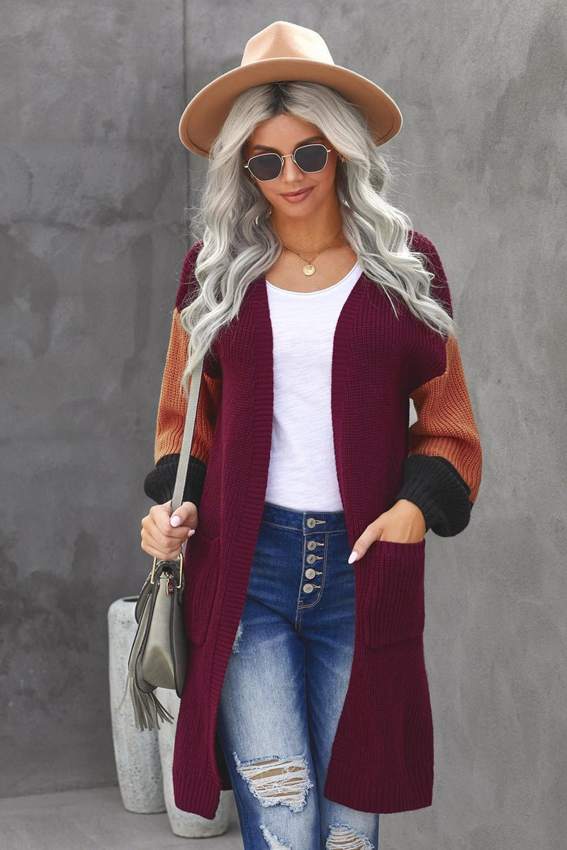 Color Block Rib-Knit Longline Cardigan with Front Pockets - Bakers Shoes store