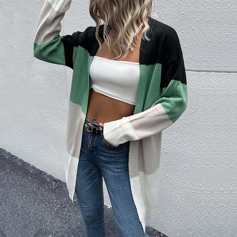 Color Block Ribbed Trim Open Front Longline Cardigan - Bakers Shoes store