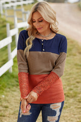 Color Block Spliced Lace Sleeve Ribbed Top - Bakers Shoes store