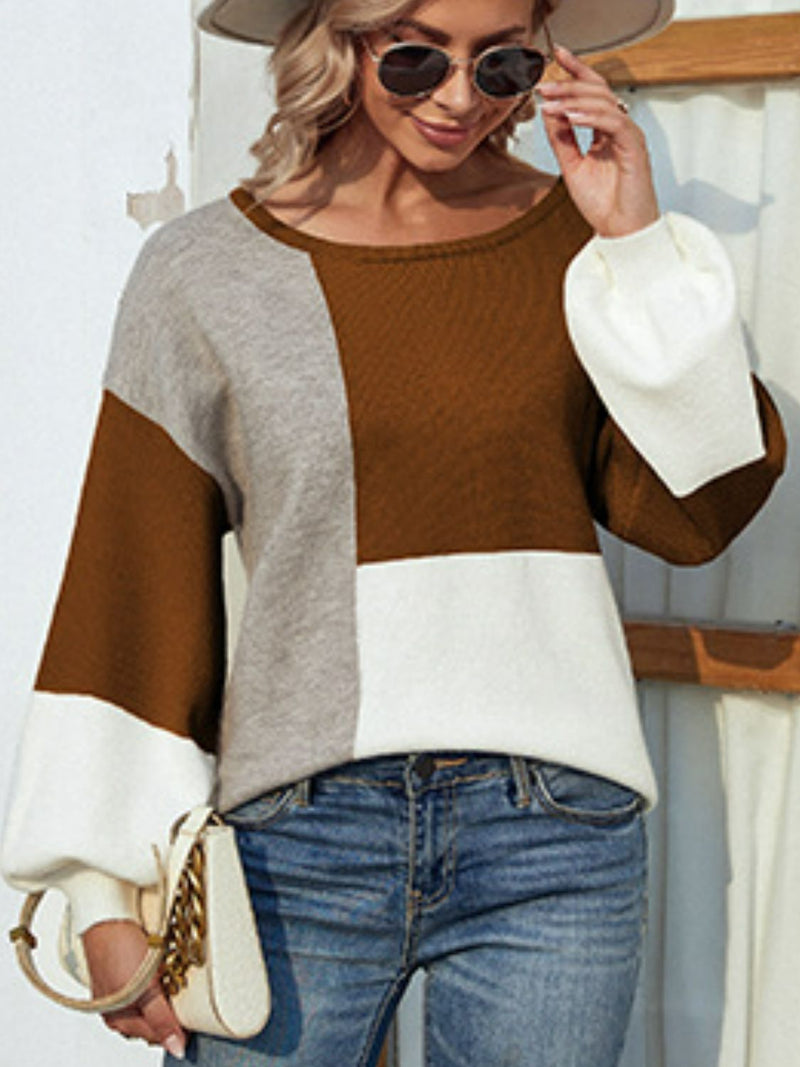 Color Block Tie Back Lantern Sleeve Sweater - Bakers Shoes store