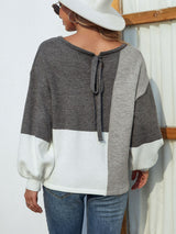 Color Block Tie Back Lantern Sleeve Sweater - Bakers Shoes store