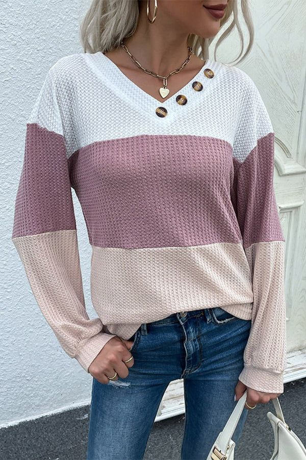 Color Block Waffle Knit Button Detail Top - Bakers Shoes store