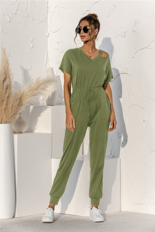 Cut Out V-neck Drawstring Jumpsuit - Bakers Shoes store