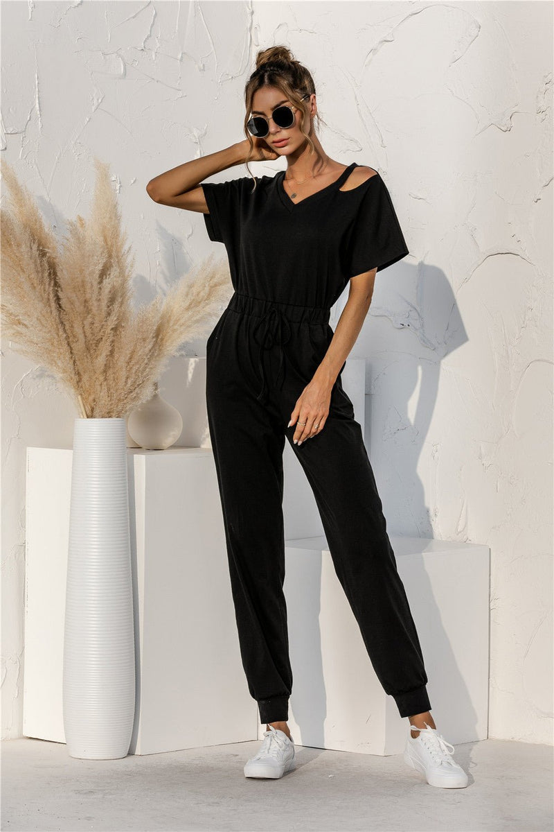 Cut Out V-neck Drawstring Jumpsuit - Bakers Shoes store