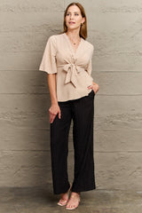 V-Neck Tie Front Half Sleeve Blouse