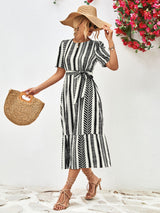 Striped Tie Belt Round Neck Puff Sleeve Dress