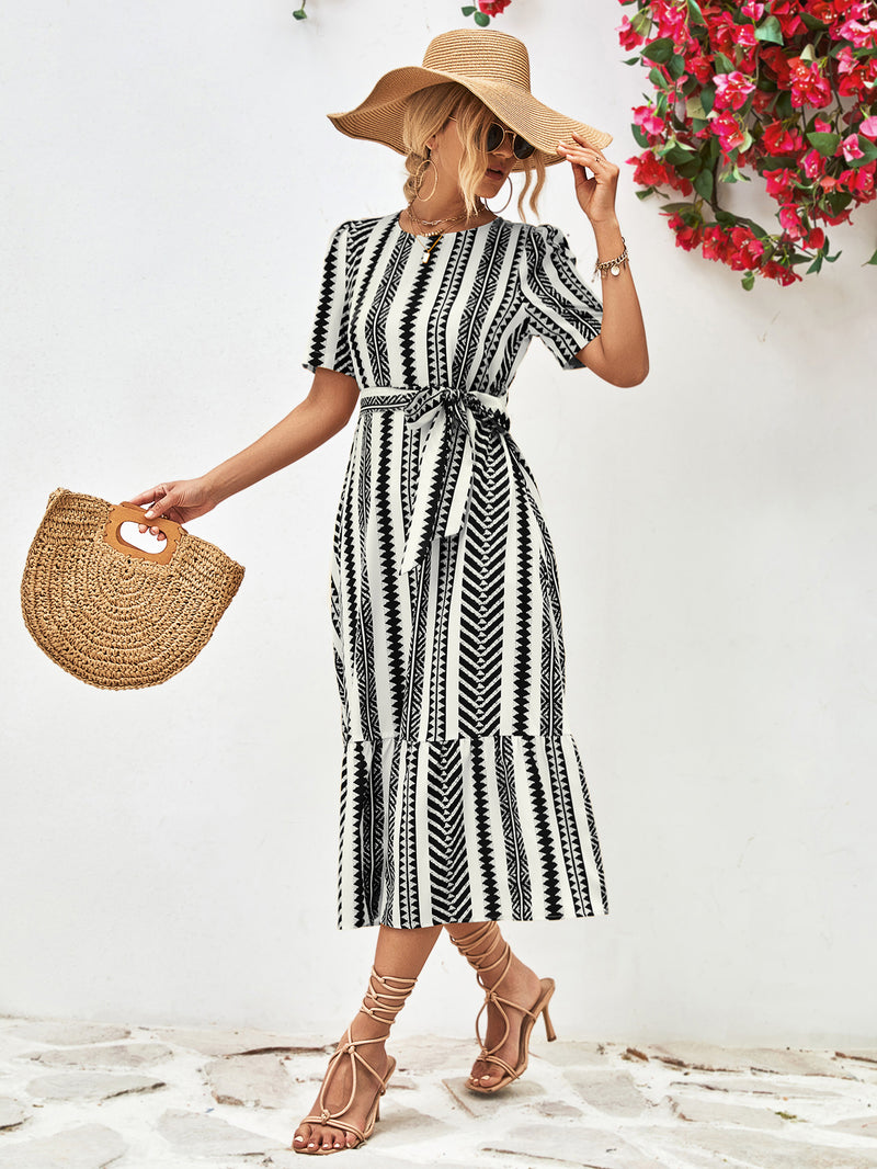 Striped Tie Belt Round Neck Puff Sleeve Dress