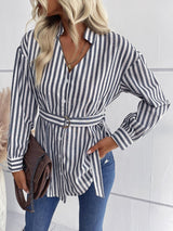 Striped Curved Hem Belted Shirt