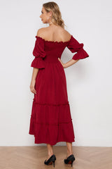 Off-Shoulder Flounce Sleeve Frill Trim Tiered Dress