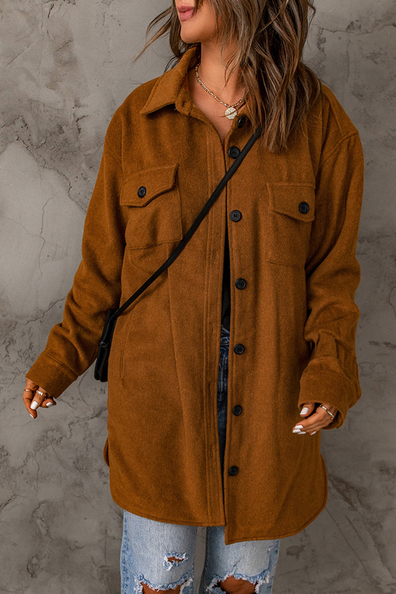 Button Down Longline Shirt Jacket with Pockets