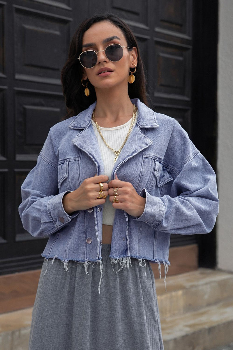 Frayed Detail Double-Breasted Cropped Denim Jacket